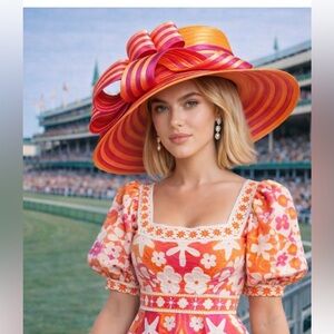 Kentucky Derby Oaks Orange & Pink Statement Hat Bold Stripe Spring